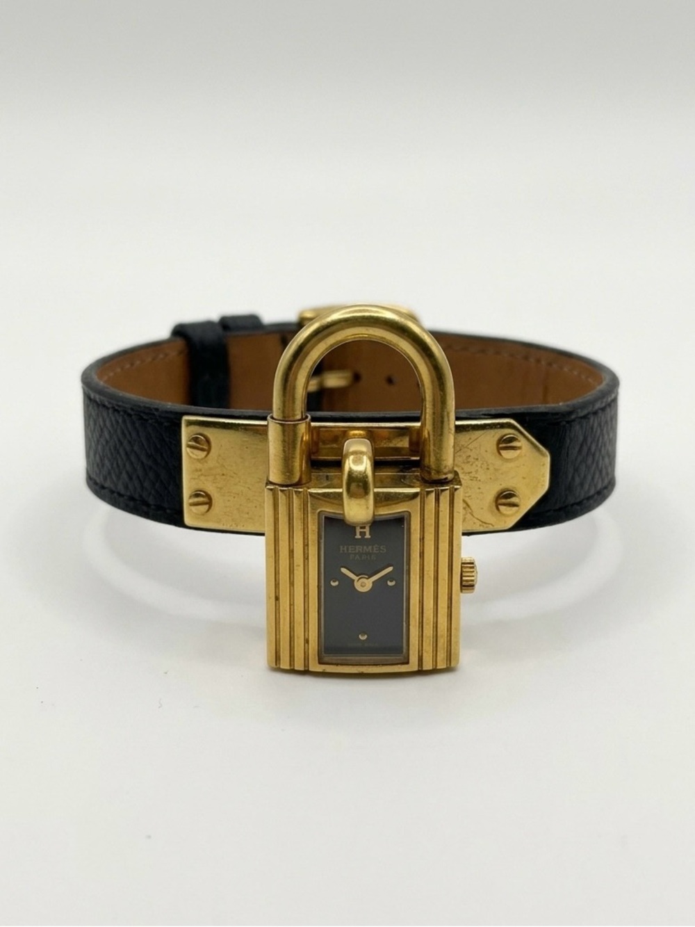 Vintage Hermes Black Leather Kelly Lock Bracelet Watch - Gold Tone